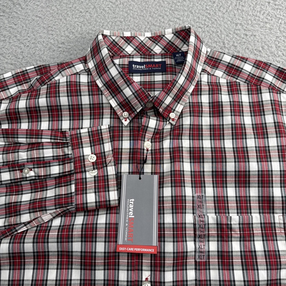 TravelSmart Dress Casual Shirt Mens XL Tall XLT L/S White Plaid Roundtree Yorke